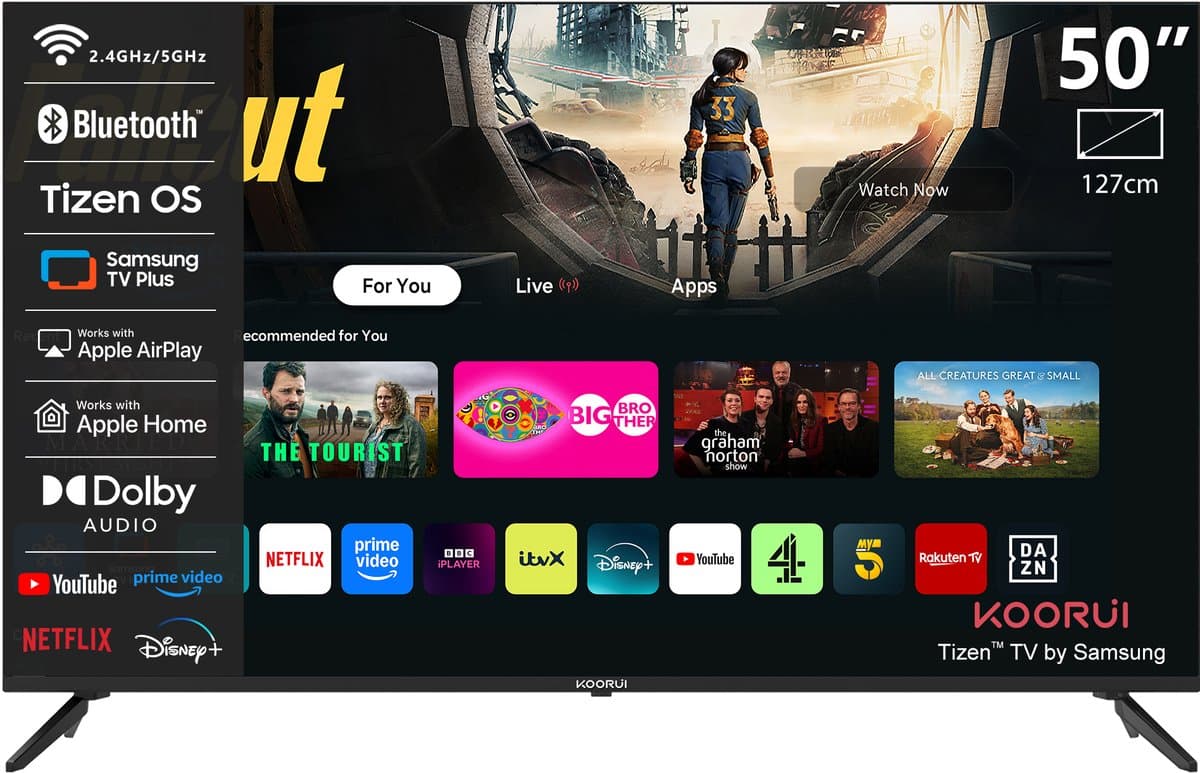KOORUI K50Q1UQ-T8, 50 inch, 4K QLED, TIZEN TV, Randloos ontwerp, Dynamisch geluid met Dolby Audio, Top-end metalen afwerking
