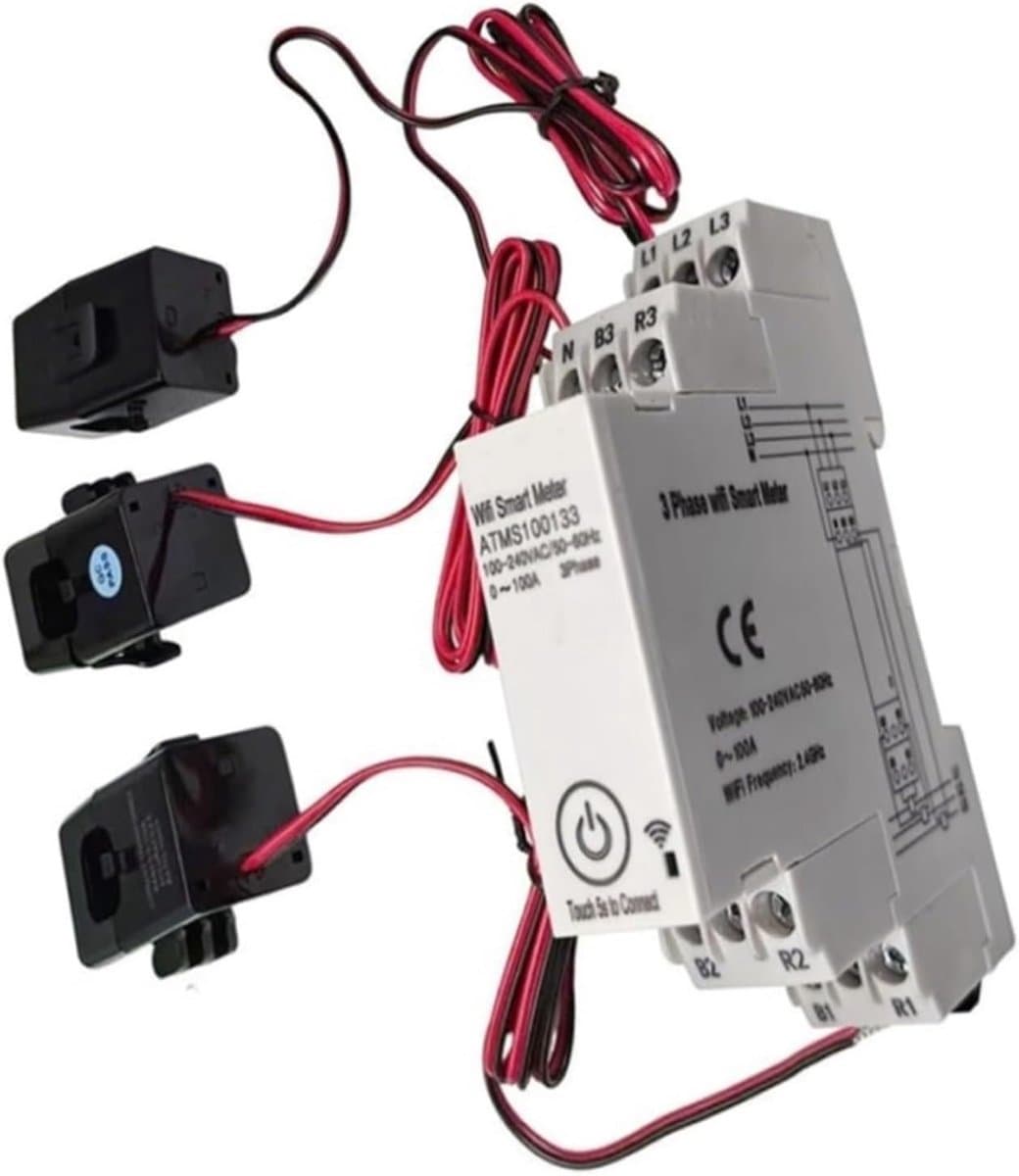 Slimme Energiemeter - 3-fase Monitor - Energie Verbruik - Wifi Op afstand - Tot 100A - Grijs Zwart