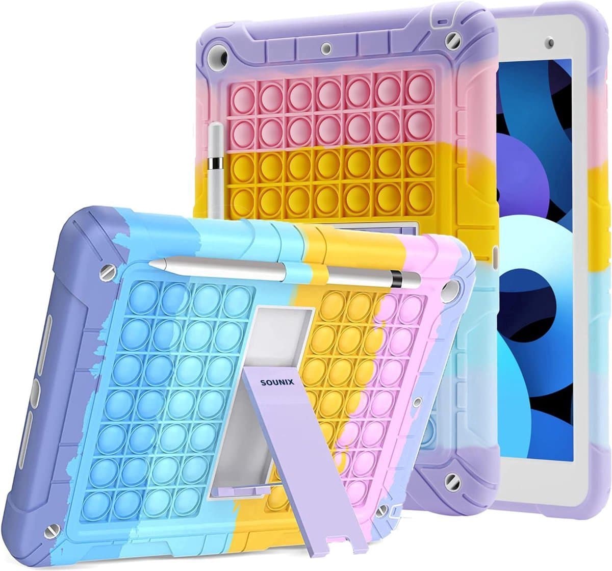 Sounix Tablet Hoes Kinderen - Pop It hoesje - Geschikt voor iPad 10.2 inch (2019, 2020,2021) - met schouderband - Pop It Fidget Toy - Blauw