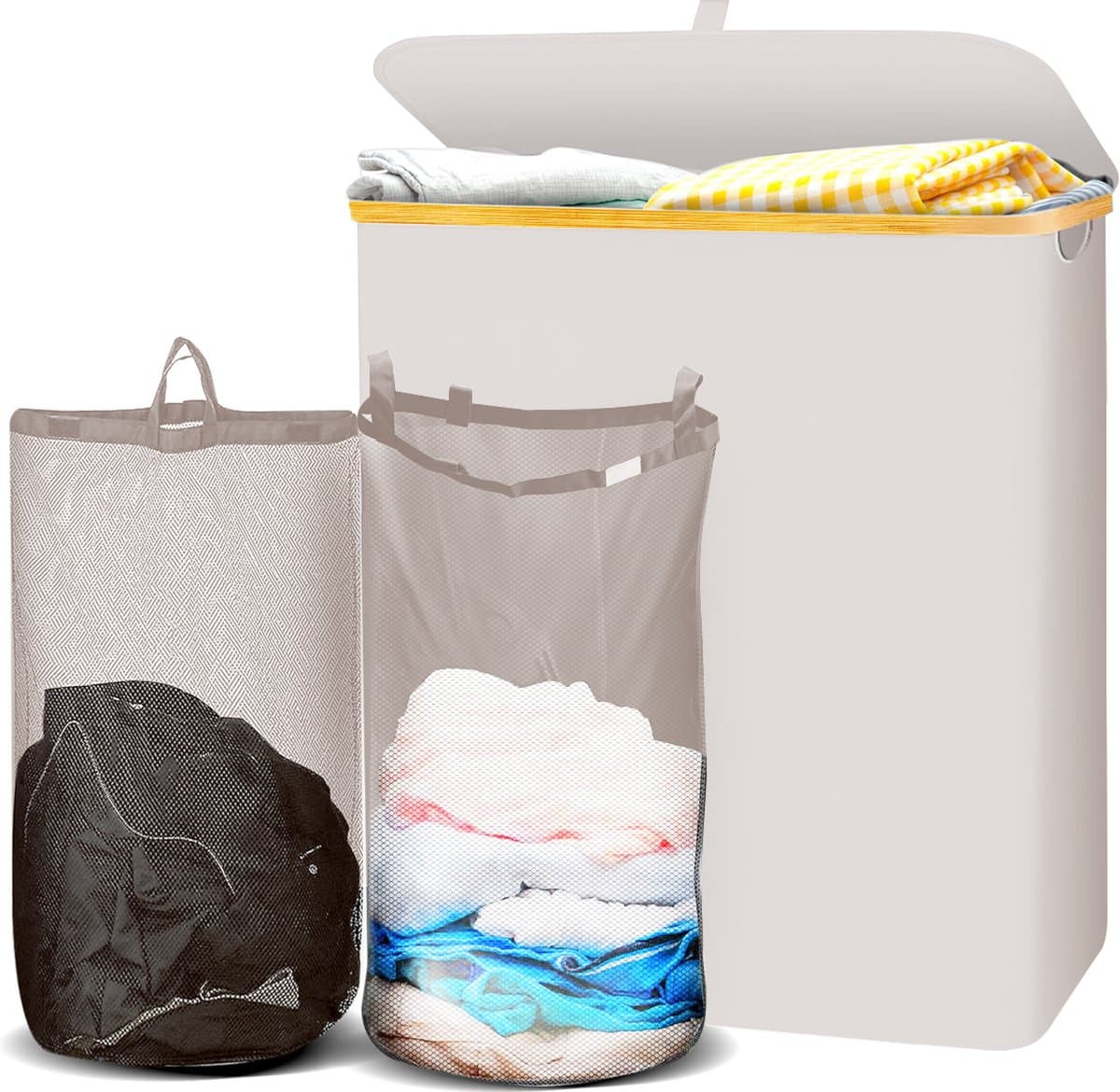 Lugia Wasmand 141L - Bamboe - 2 Uitneembare Waszakken - Deksel - Wassorteerder - Beige