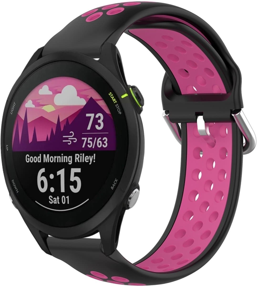 Voor Garmin Forerunner 255 22 mm geperforeerde ademende sport siliconen horlogeband (zwart + roze rood)