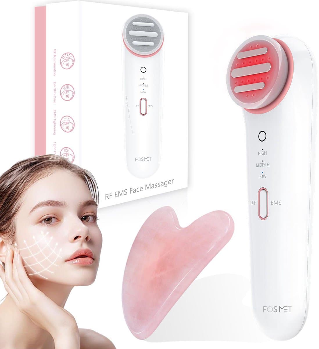 FOSMET Gezichtsmassageapparaat – 6-in-1 schoonheidsapparaat – Geschikt voor gezicht en hals – RF + EMS + LED-lichttherapie – Tegen rimpels & voor huidverjonging – Inclusief Gua Sha-tool – Geschikt voor alle huidtypes