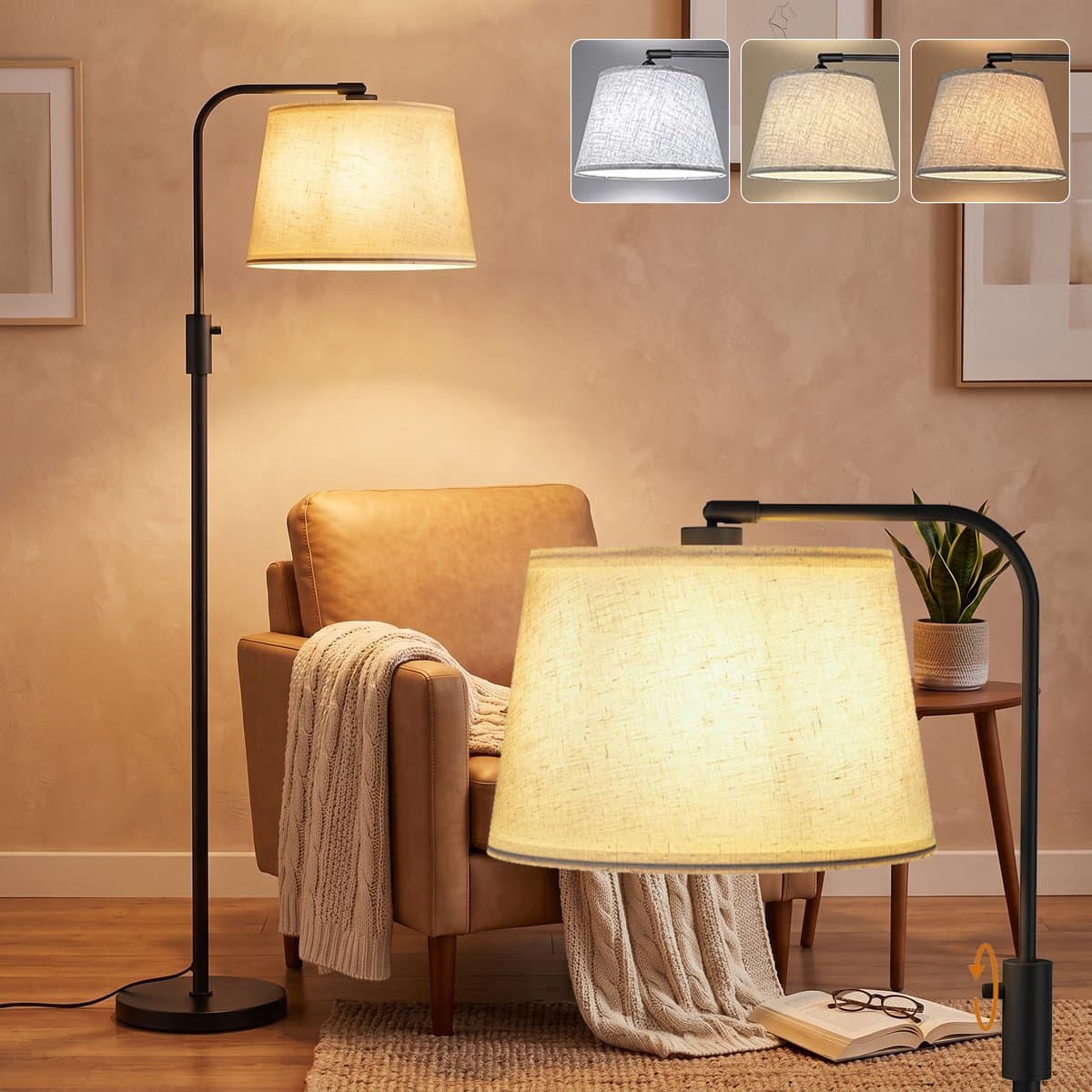 Rosnek Booglamp 173 cm Zwart - Staande Vloerlamp met Draaibare Lampenkap - Leeslamp en Woonkamerlamp - Sfeerlamp voor Bank, Slaapkamer, Eetkamer en Kantoor - Modern Mid-Century Interieur