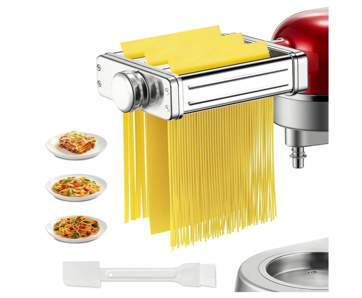 3-in-1 Pasta Opzetstuk voor KitchenAid – Luxe Pastamachine Inclusief Pastaroller, Fettuccinesnijder en Spaghettisnijder – Universeel RVS Pastamaker Accessoire met Schoonmaakborstel