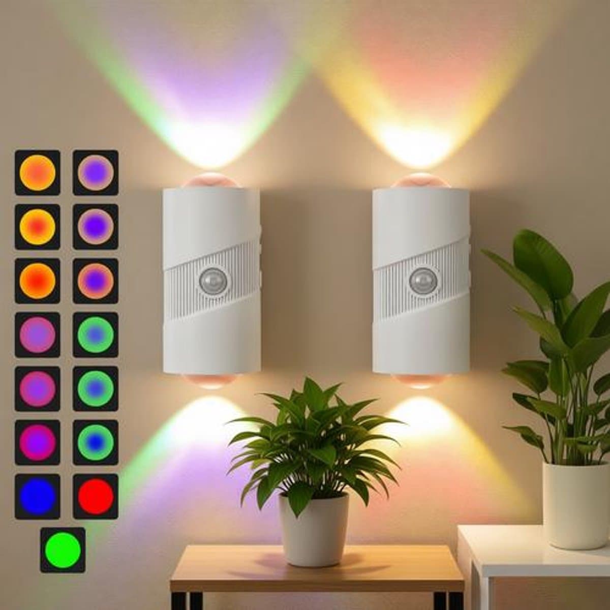 BILMU 2 Stuks Oplaadbare Wandlamp met Bewegingssensor, 7 Kleuren RGB, 4 Helderheidsstanden, Magnetisch, USB-C, Voor Slaapkamer, Hal, Gang