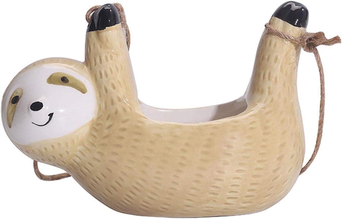 Keramische bloempot - Hangende pot - Planten decoreren - Leuk luiaard design - 14 x 14 cm - Geel