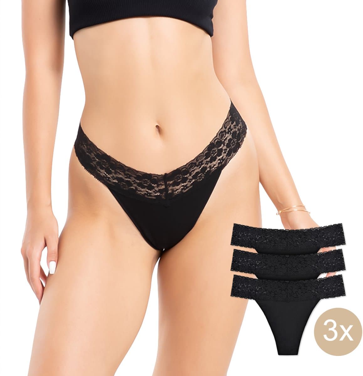 Luxe Calzera Strings - 3 Pack - Lace Thong - Dames Kanten String - Comfort stretch - Lingerie/Ondergoed - Katoen - Zwart - Maat M