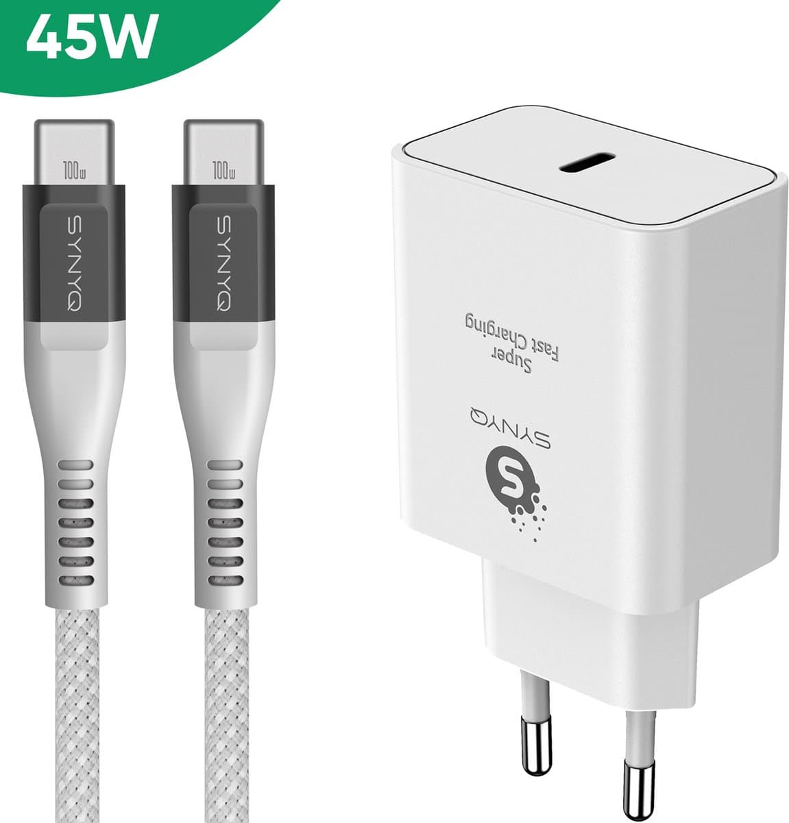 Synyq 45W GaN2 Snellader - 2,5 m USB-C 100W oplaadkabel - Gecertificeerd - Super Fast Charging 2.0 - USB C Adapter - Snellader usb c - Usb c lader - Usb c oplader - Universeel - Wit