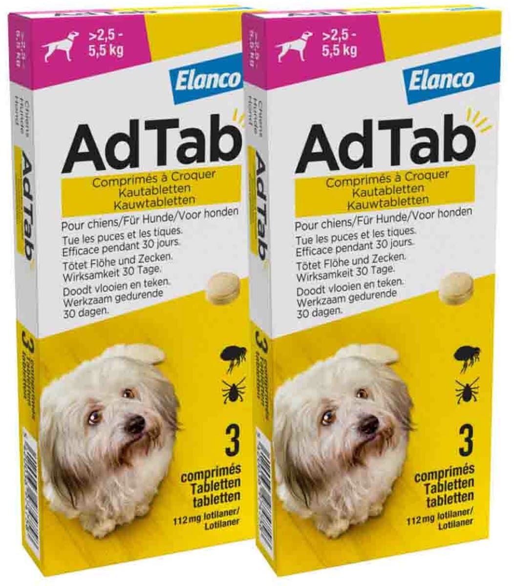 AdTab Anti Vlo en Teek Kauwtabletten Hond >2,5-5,5 kg - 2 x 3 tabletten - Voordeelverpakking