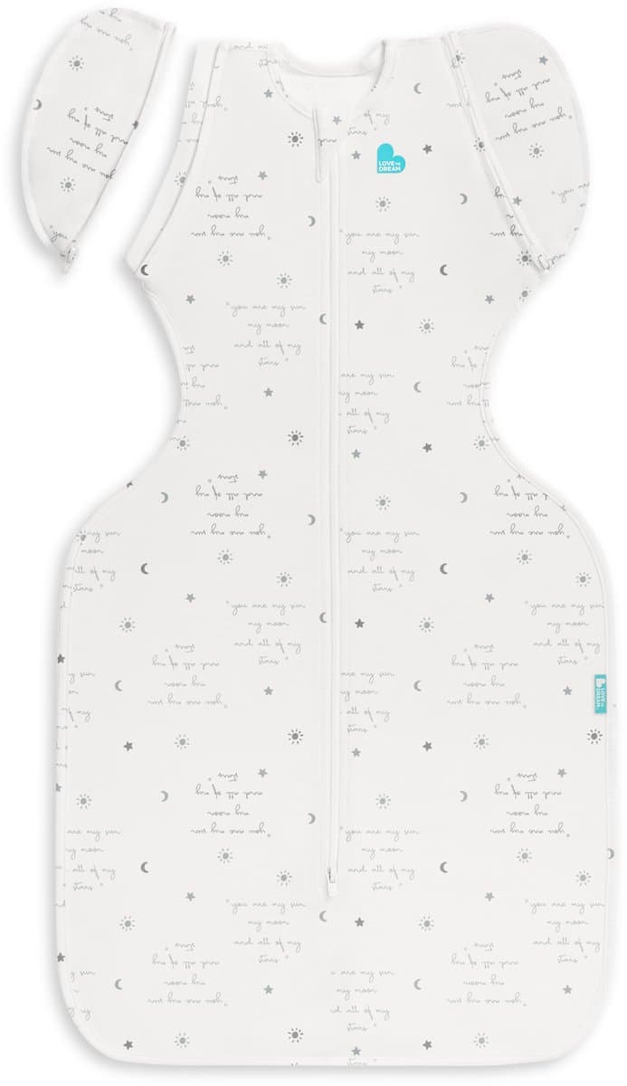 Love to Dream™ Babyslaapzak Swaddle Up™ - Inbakeren afbouwen - Baby 6-9 maanden - 8.5-11 kg - Zomer - 0.2 TOG - Wit met tekst