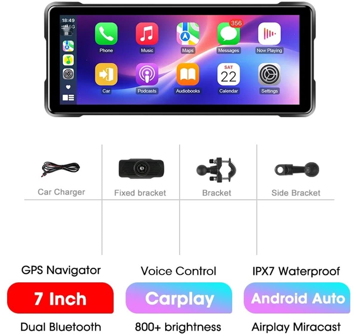 Archi motor navigatie scherm – Draadloze CarPlay & Android Auto – IPX7 waterdicht – Bluetooth – WiFi display - 4K DVR – 32GB - 7 inch