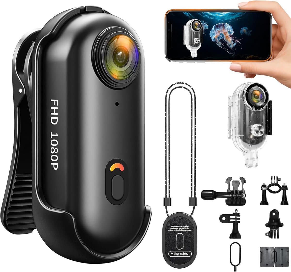Mini Action Camera, WiFi, Portable Body Cam 1080p, Thumb Bodycam Camera, Helmet, Small Underwater Camera, App Control, Thumb Camera and Camera Accessories (Black)