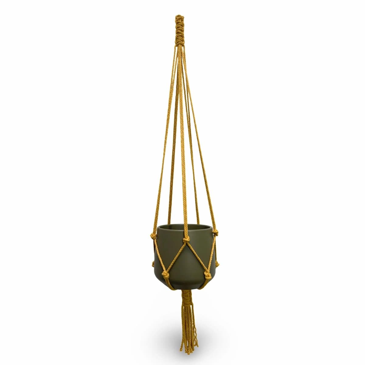 Plantenhanger 'Classic' - Kies kleur en lengte - Okergeel - 100 cm lang - Katoenkoord - Geschikt voor Pot met Diameter t/m 20 cm - Handgemaakt in ons Macramé Atelier - Prijs per Stuk - Let op: Exclusief Pot - Inclusief Verzendkosten