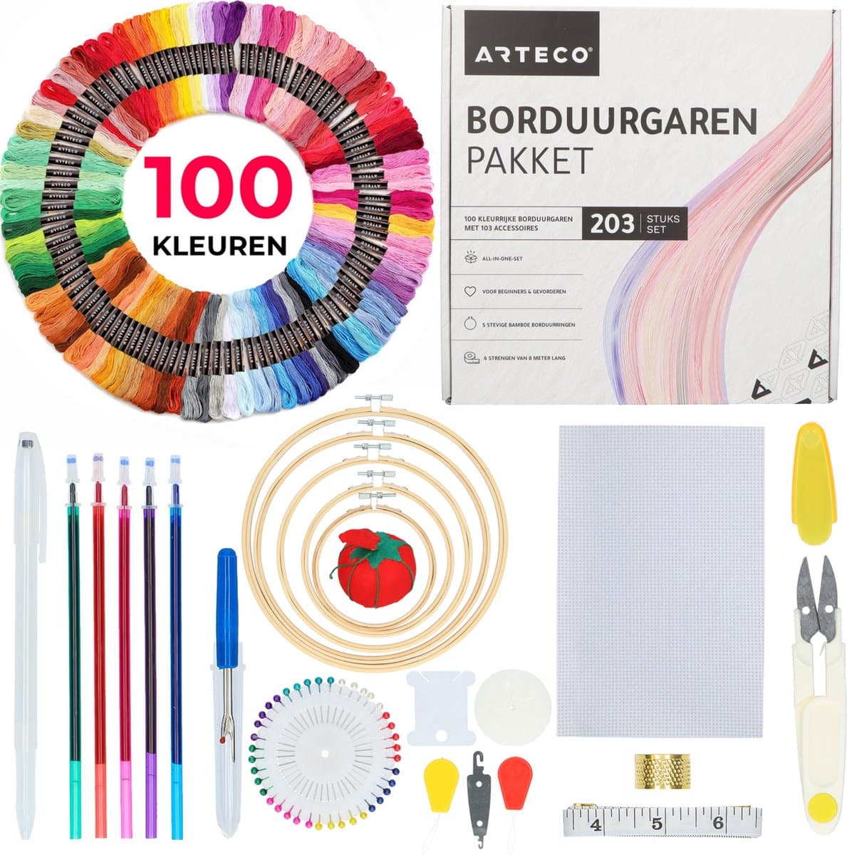 ARTECO® 203 Delig Borduurpakket - Borduurgaren Pakket - Borduurset - Borduurpakketten - Borduren - 100 Kleuren - Geschenkdoos