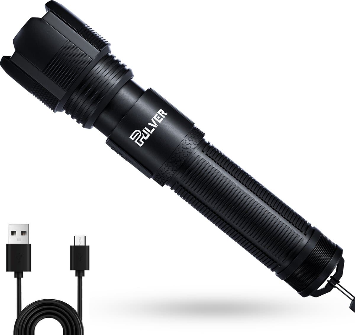 Pulver LED Zaklamp Oplaadbaar – 1500 Lumen – Waterdicht (IP46) – 4 Lichtmodi – Zoomfunctie - noodpakket – Inclusief Oplaadbare Batterij en Oplader – Aluminium Behuizing – Vaderdag Cadeau