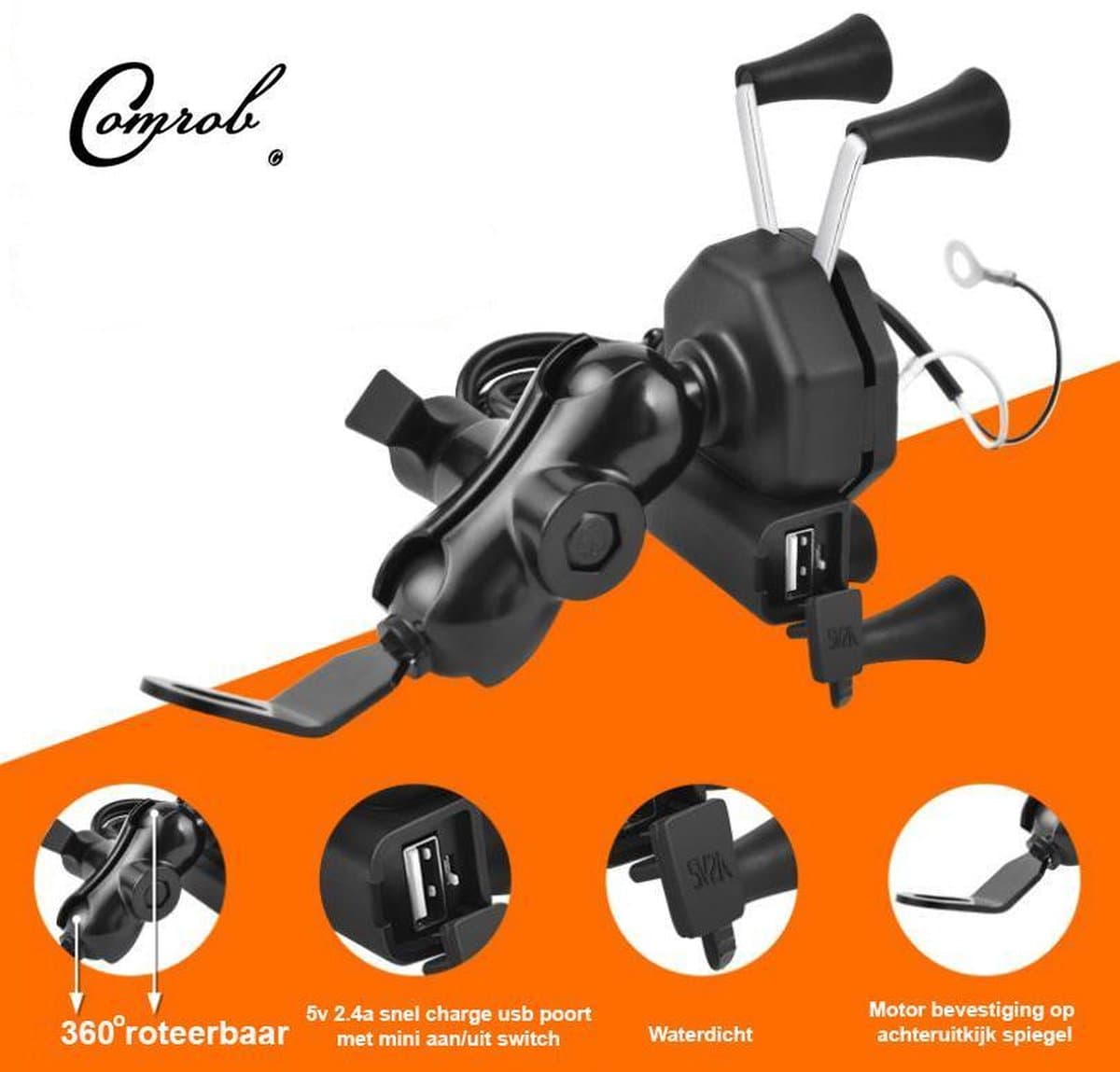 Comrob Universele Telefoonhouder Smartphonehouder Grip Usb Smartphone POWER oplader bevestiging op de achteruitkijkspiegel Motor ook voor Elektrische Fiets en scooter
