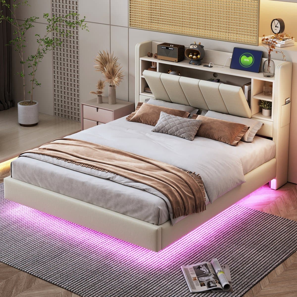 Sweiko Tweepersoonsbed - 140 x 200 cm - USB-aansluiting + LED-lichtlijst - Linnen stof - Beige