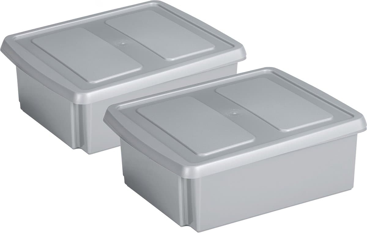 Sunware set van 2x opslagboxen kunststof 17 liter lichtgrijs 45 x 36 x 14 cm met afsluitbare deksel