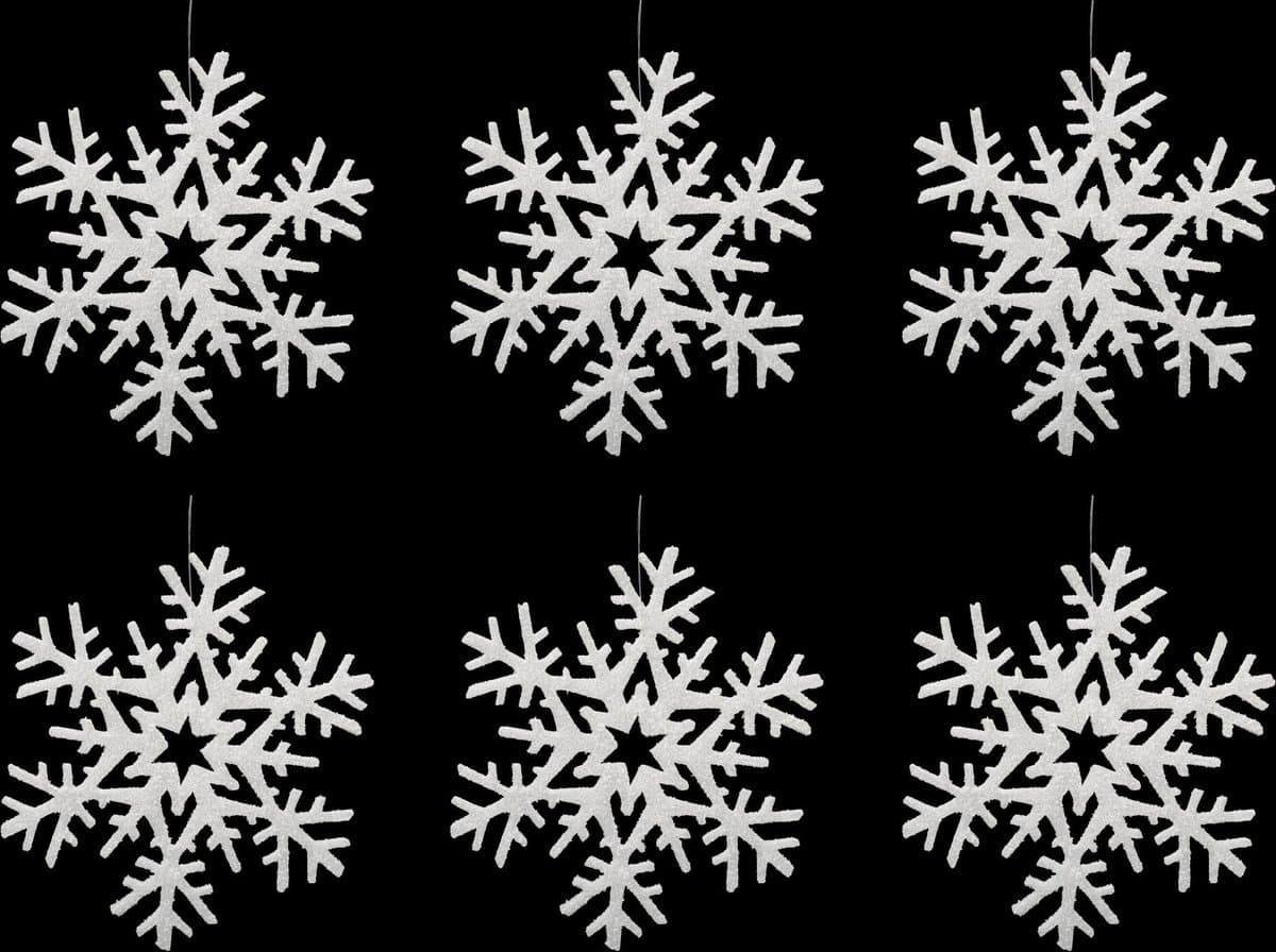JJA - 6 witte sneeuwvlokken hangers 20 cm met glitter