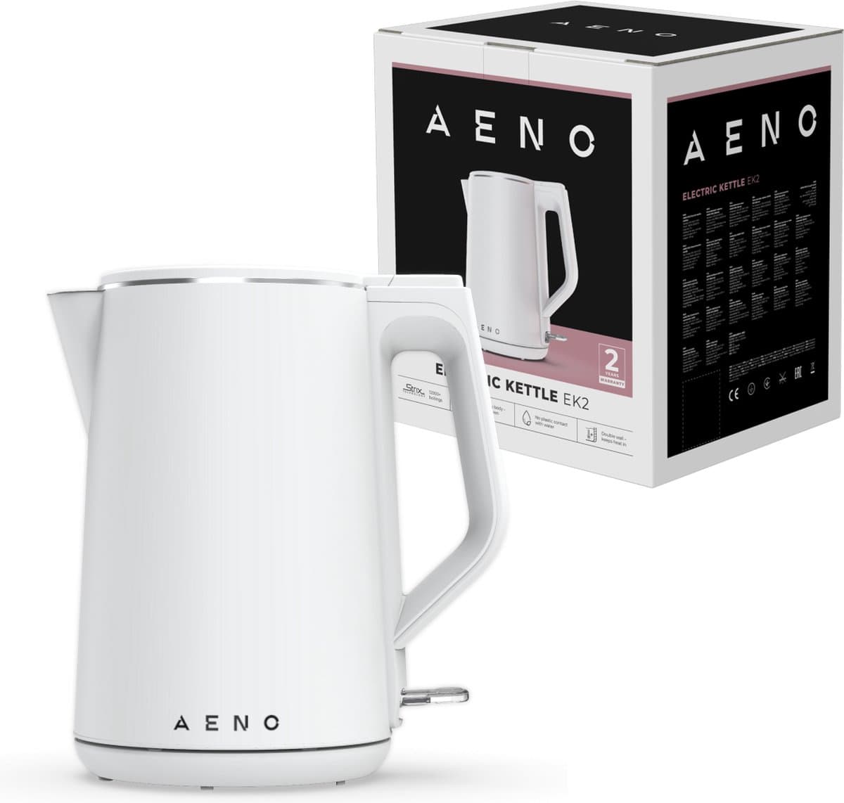 AENO EK2 Waterkoker 1,5L - 2200W - Dubbelzijdige wand - 360 graden draaibaar - Droogkookbeveiliging - indicatielamp - Ingebouwde haspel - Wit