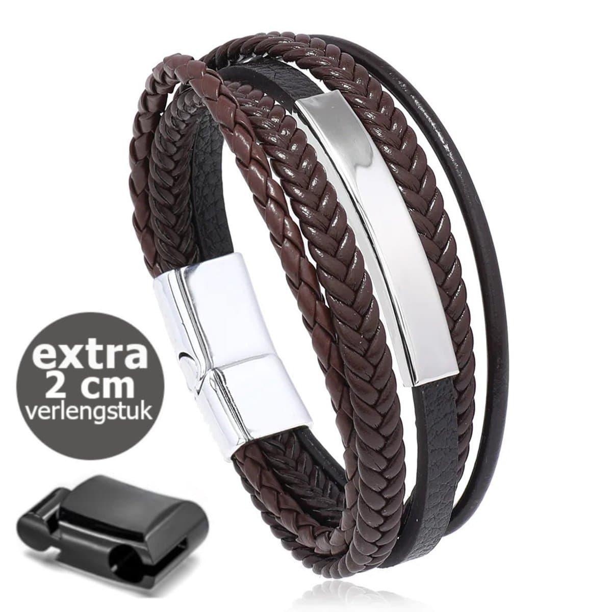 KHRONOX® Armband, Armband Heren, kh02 19 cm,BRUIN, Roestvrij Staal, Armbanden, Leren Armband Heren, Leren Armband, Leren Armbanden, Armbandje, Kunstleer, Mannen, Magnetische Sluiting, + 2 CM Verlengstuk, Verjaardag, Vaderdag, Valentijnsdag, Cadeautje