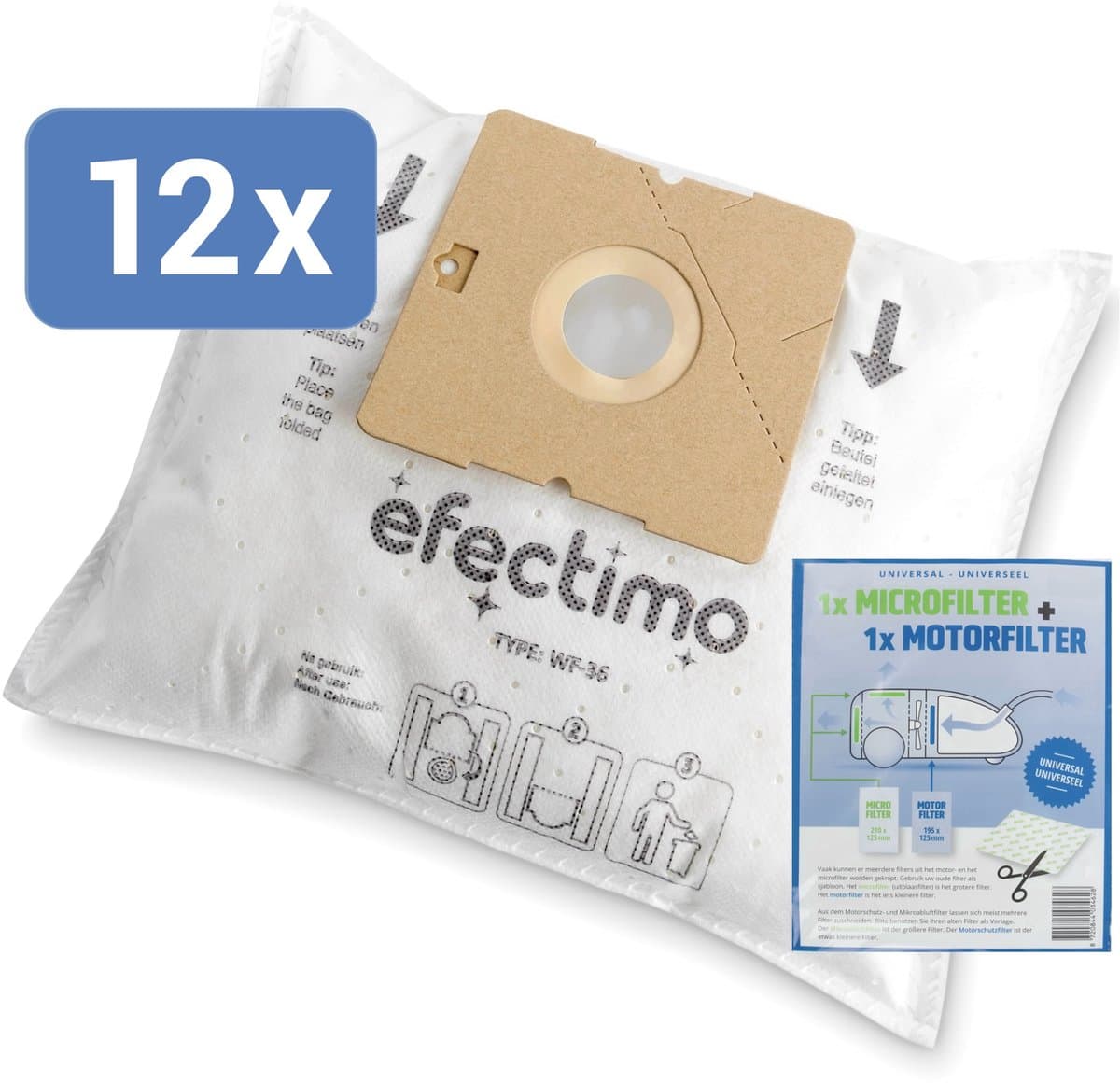 Tomado stofzuigerzakken van efectimo + filterset - 12 stuks - ook geschikt voor Tomado tvc3003b stofzuigerzakken, Tomado tvc2002b stofzuigerzakken en Princess stofzuigerzakken 335010 - drielaags topkwaliteit microvezel