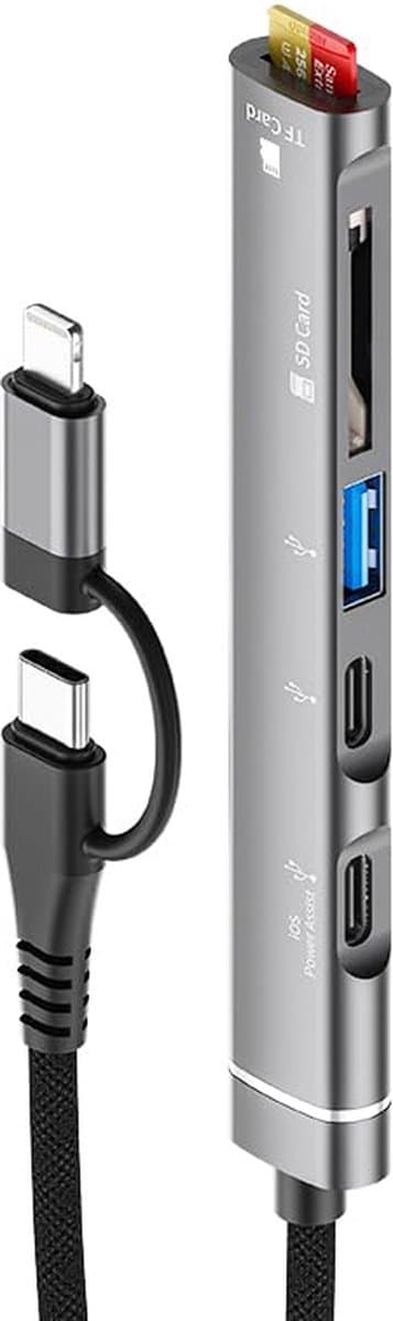 USB C Hub Adapter-USB C + Lightning naar USB vrouwelijke adapter-met SD/TF-kaartlezer/PD-snelladen-Geschikt voor iPhone 14/13/12, de meeste Type-C-telefoons, iPad Pro, laptops