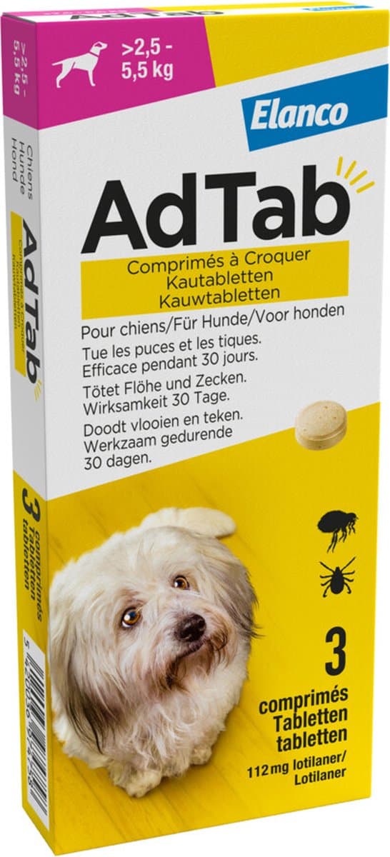 AdTab Vlooien Tabletten Hond - 2.5 tot 5.5 kg - 2 x 3 tabletten tegen Vlooien en Teken Hond