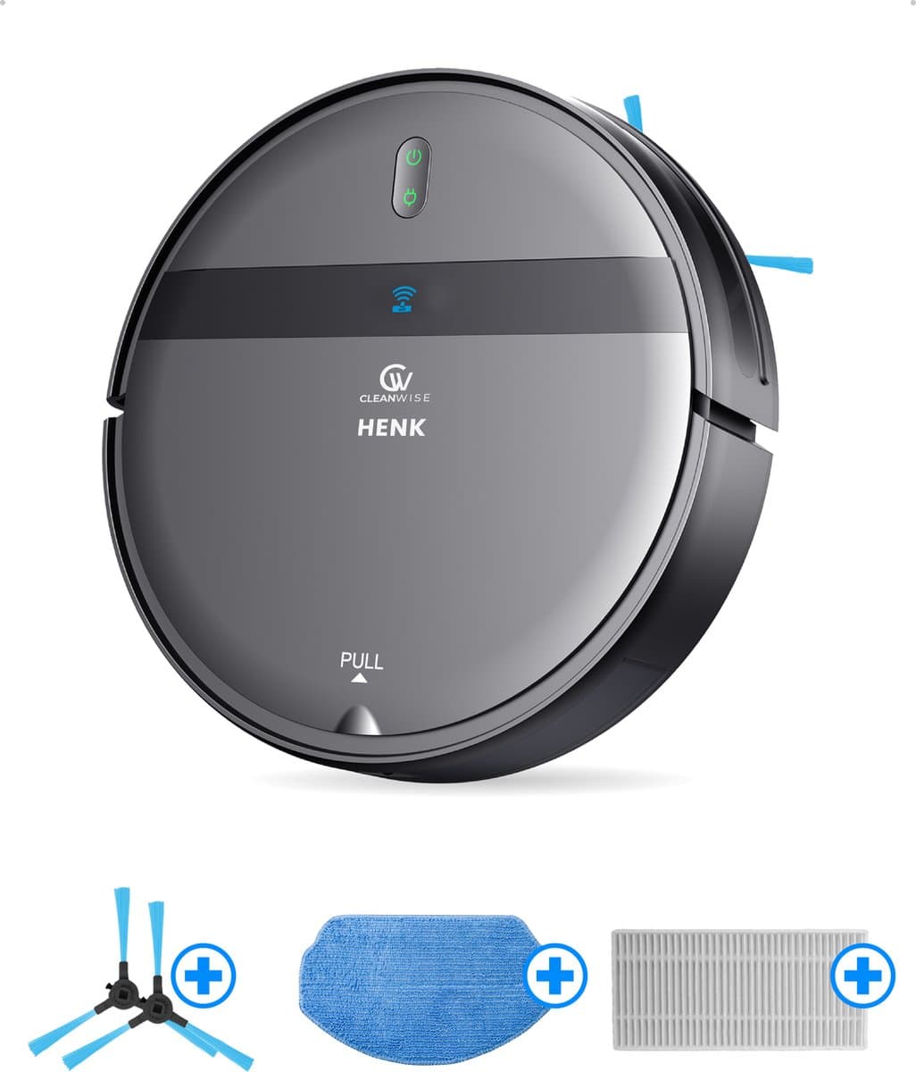 CleanWise Henk + Onderhoudspakket – Robotstofzuiger met dweilfunctie en laadstation – 4500 Pa zuigkracht, 5 schoonmaakmodi, app- en spraakbediening, ideaal voor huisdieren, harde vloeren & tapijt