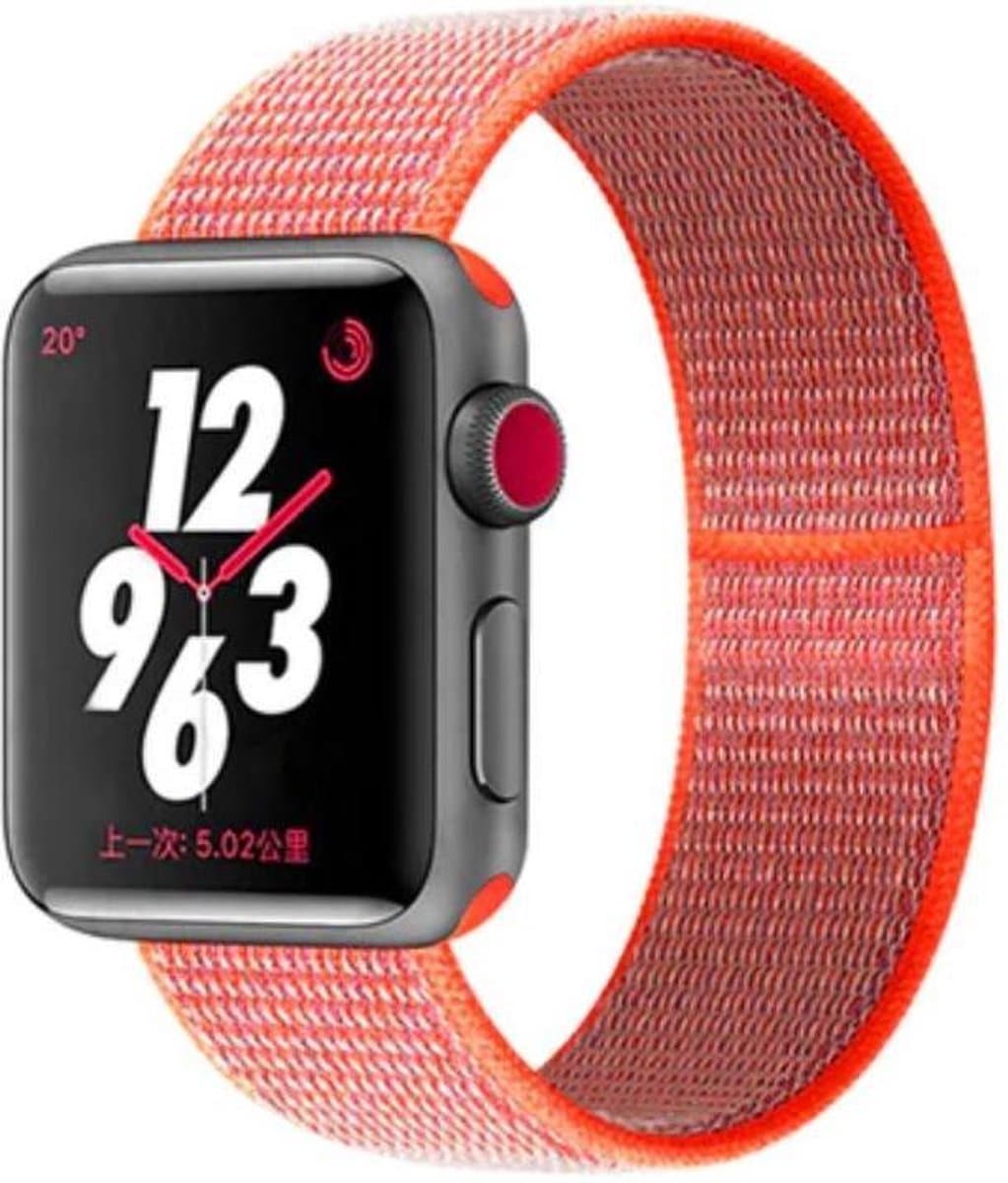 Nylon Horloge Band geschikt voor Apple Watch 1, 2, 3, 4, 5, 6, 7, 8, SE, 42mm & 44mm "Mannenbreedte" Series – Maat: zie maatfoto - Oranje - Roze, Zacht Geweven Nylon - 42 mm en 44 mm - Orange - Pink