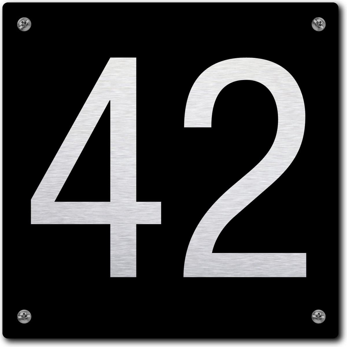 Huisnummerbord - huisnummer 42 - zwart - 12 x 12 cm - rvs look - schroeven - naambordje - nummerbord - voordeur