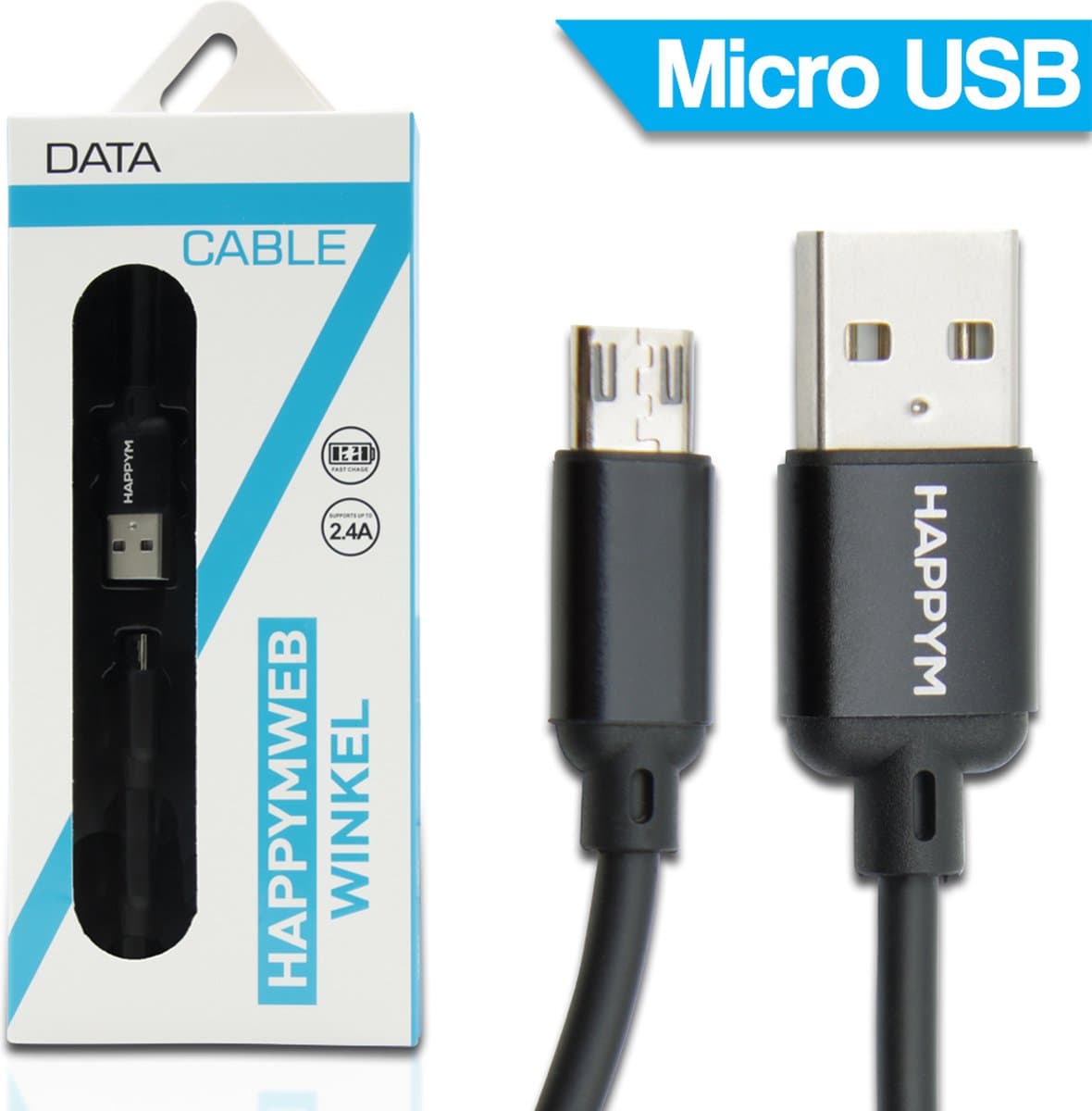 Micro USB Kabel 2 Meter - Micro USB naar USB 2.0 datakabel - HappyMwebwinkel