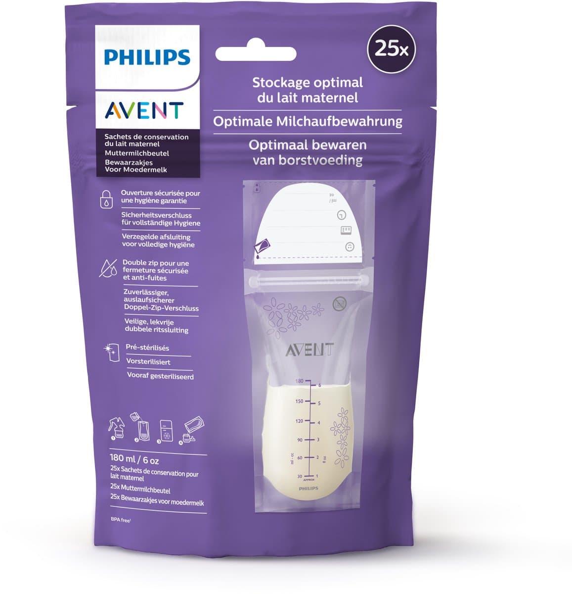 Philips Avent Moedermelk bewaarzakjes - 25 zakken - 180 ml - SCF603/25
