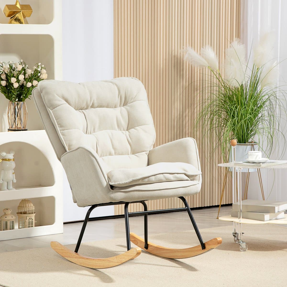 MODFU - Schommelstoel - Ergonomische Rugleuning En Zachte Bekleding - Voor Woonkamer Of Slaapkamer - Polyester - Beige - 71 X 98,5 X 97 Cm