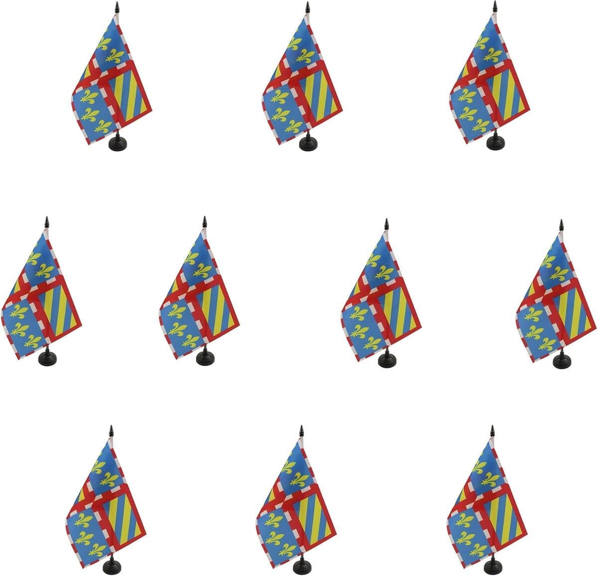 Set van 10 Bourgondië Tafelvlaggen 21x14 cm - Kleine Regionale Vlaggen Frankrijk met Sokkel
