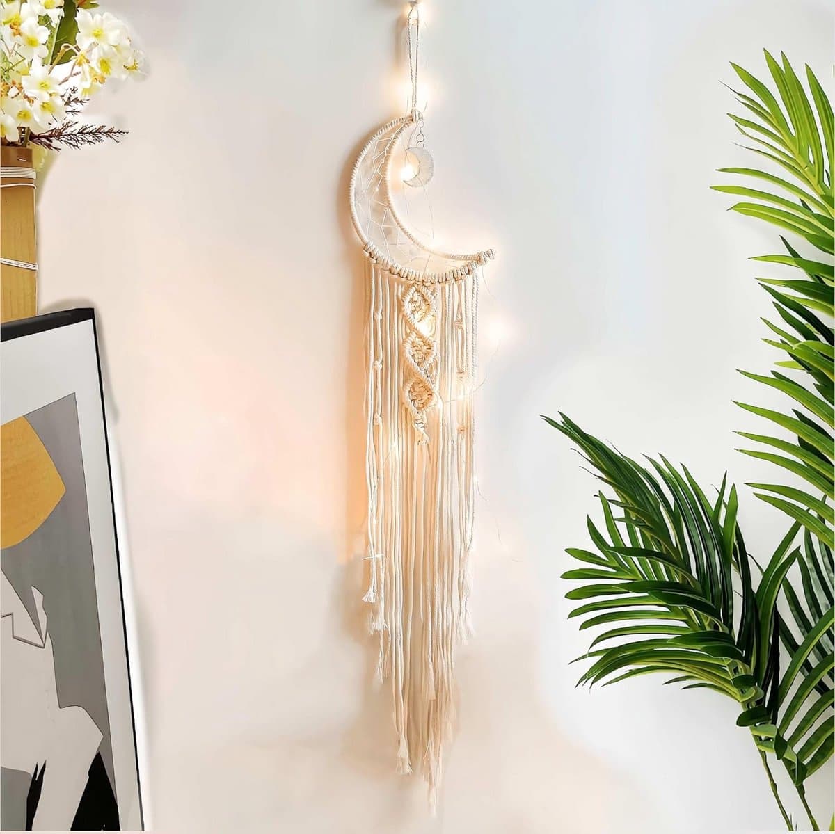 Handgemaakte Dromenvanger Maan met LED Verlichting en Fotoclips - Boho Macramé Wanddecoratie
