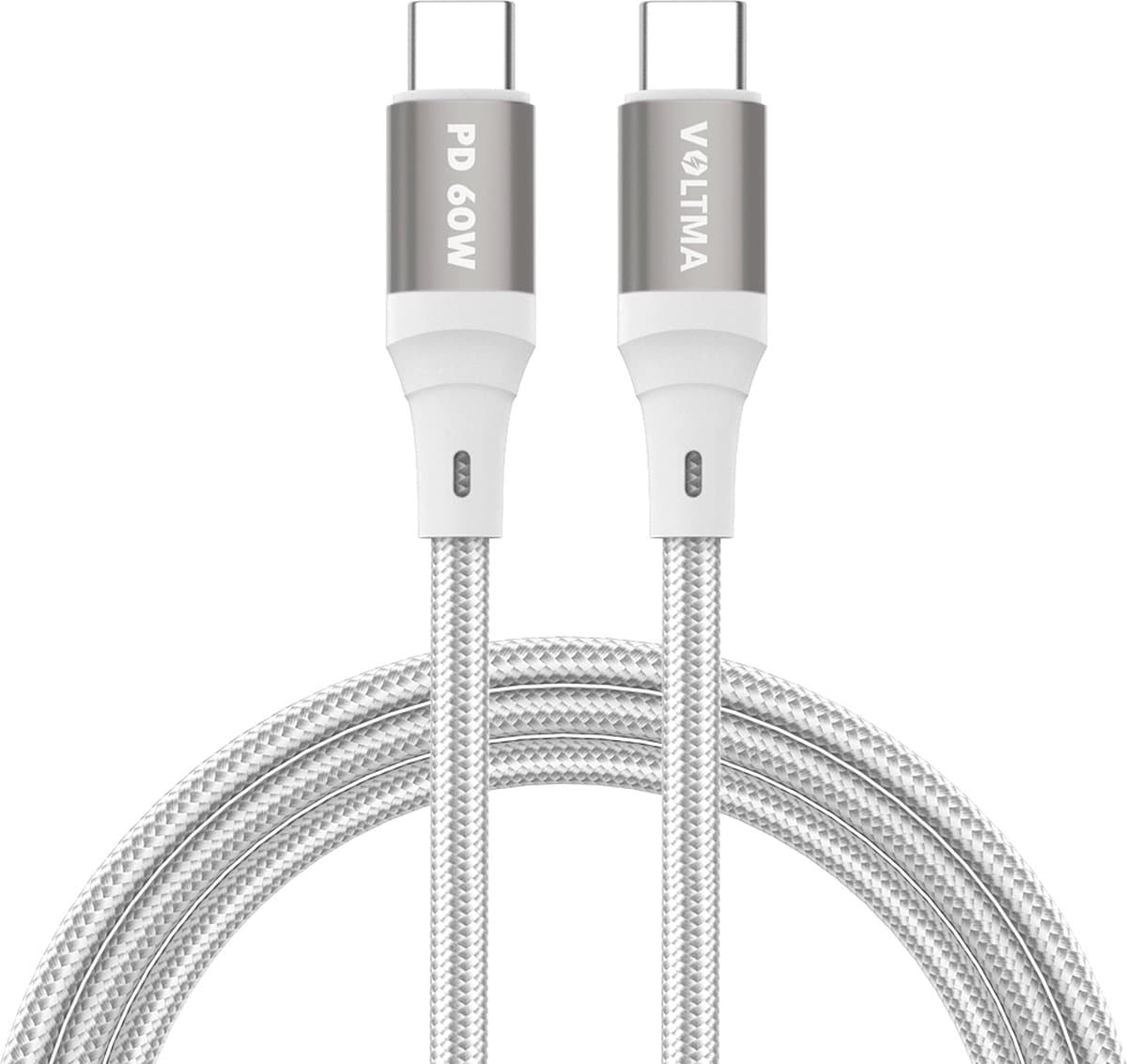 Voltma PHB60CC USB-C oplaadkabel - 1.2 meter 60W USB-C naar USB-C kabel - QC2.0 60 Watt snellader - gevlochten datakabel met 5000+ bochten buigflexibiliteit - snellaadkabel - Type C telefoonoplaadkabel voor iPhone, Samsung, Macbook en Laptop - Wit