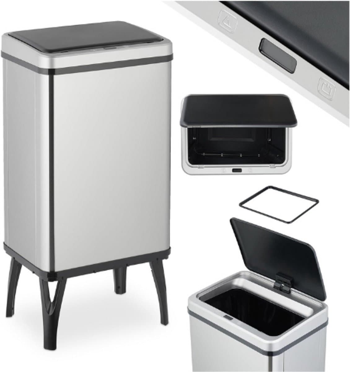 Thuys – Sensor Prullenbak 40L – Elektrisch Deksel – Met Pootjes En Afvalzakhouder – RVS Keukenafvalbak – Zilver