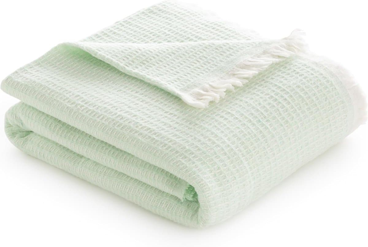 Extra Zachte Katoenen Deken met GOFRE-design - Multifunctionele Sprei voor Bank en Bed (Muntgroen, 180 x 240 cm)