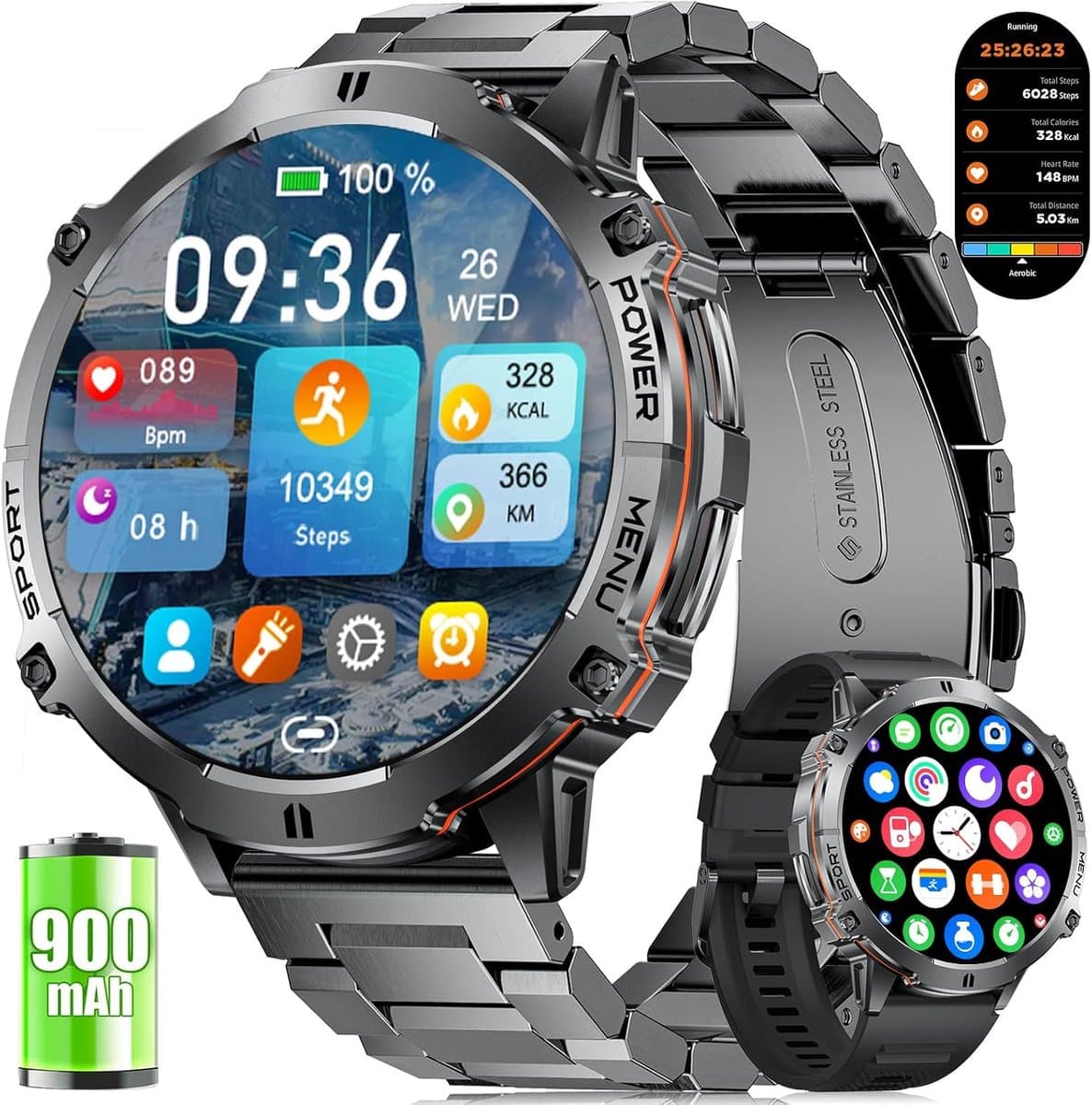 Militaire Smartwatch met 1,73 inch AMOLED-display, GPS, 110 Sportmodi en Hartslagmonitor voor Android en iOS