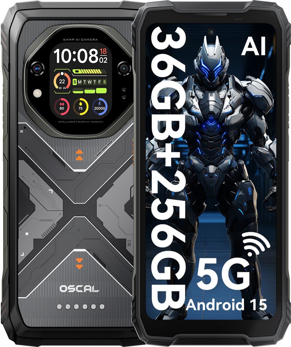 OSCAL TANK 1 - Robuuste Smartphone - 5G - 36GB RAM - 256GB ROM - 20000mAh - 6.78 inch FHD+ 120Hz - MTK Dimensity 7050 - 64MP+50MP+20MP Nachtzicht - Android 15 - AI Robuuste Telefoon - NFC - IP68/IP69K/GPS - Zwart
