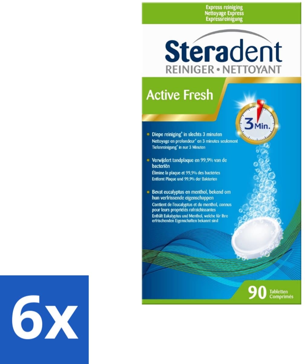 6 x Steradent - Kunstgebitreiniger - Active Fresh - Menthol En Eucalyptus - 90 Tabletten - Kunstgebit Reiniging - Kunstgebit Tabletten - Geurvrij Kunstgebit - Frisse Geur Kunstgebit - Tandplak Verwijderen Kunstgebit
