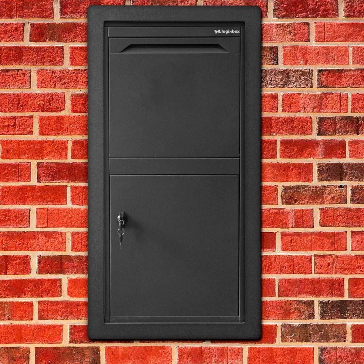 LOGIXBOX - Inbouw Pakketbrievenbus - Frontbox Inbouw Uni incl. 1 Afwerkingsframe - Grijs - 1.0 mm dik staal - 3puntsluiting - XL Pakketten (40 x 35 x 32,5 cm)