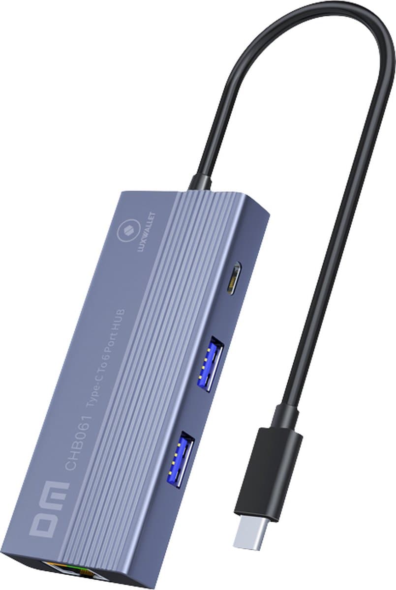 Luxwallet DM USB-C Hub 6-in-1 – 4K HDMI – 3× USB 3.0 – Gigabit Ethernet – USB-C Power Delivery 60W – 20cm Kabel – Zinklegering