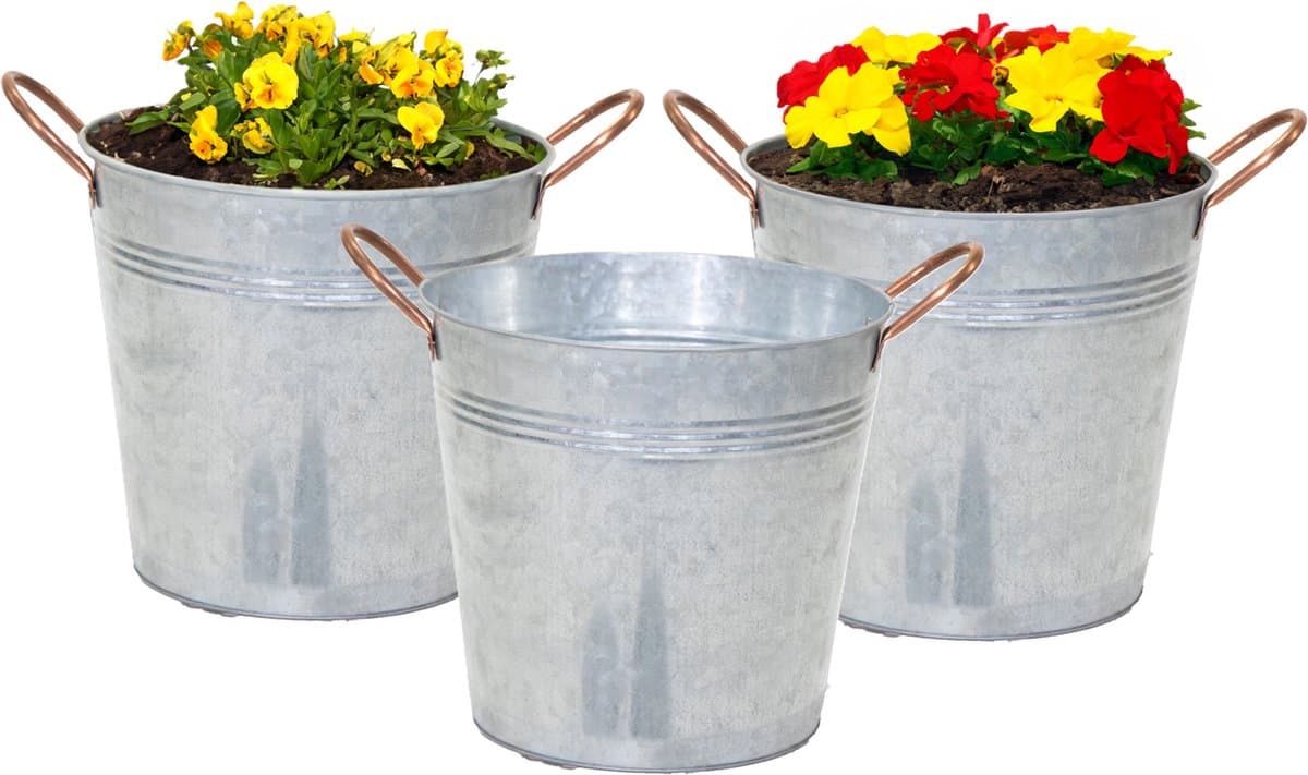 Mega Collections Emmer/plantenpot/bloempot Jean - 3x - zink - zilver - D14 X H13 cm