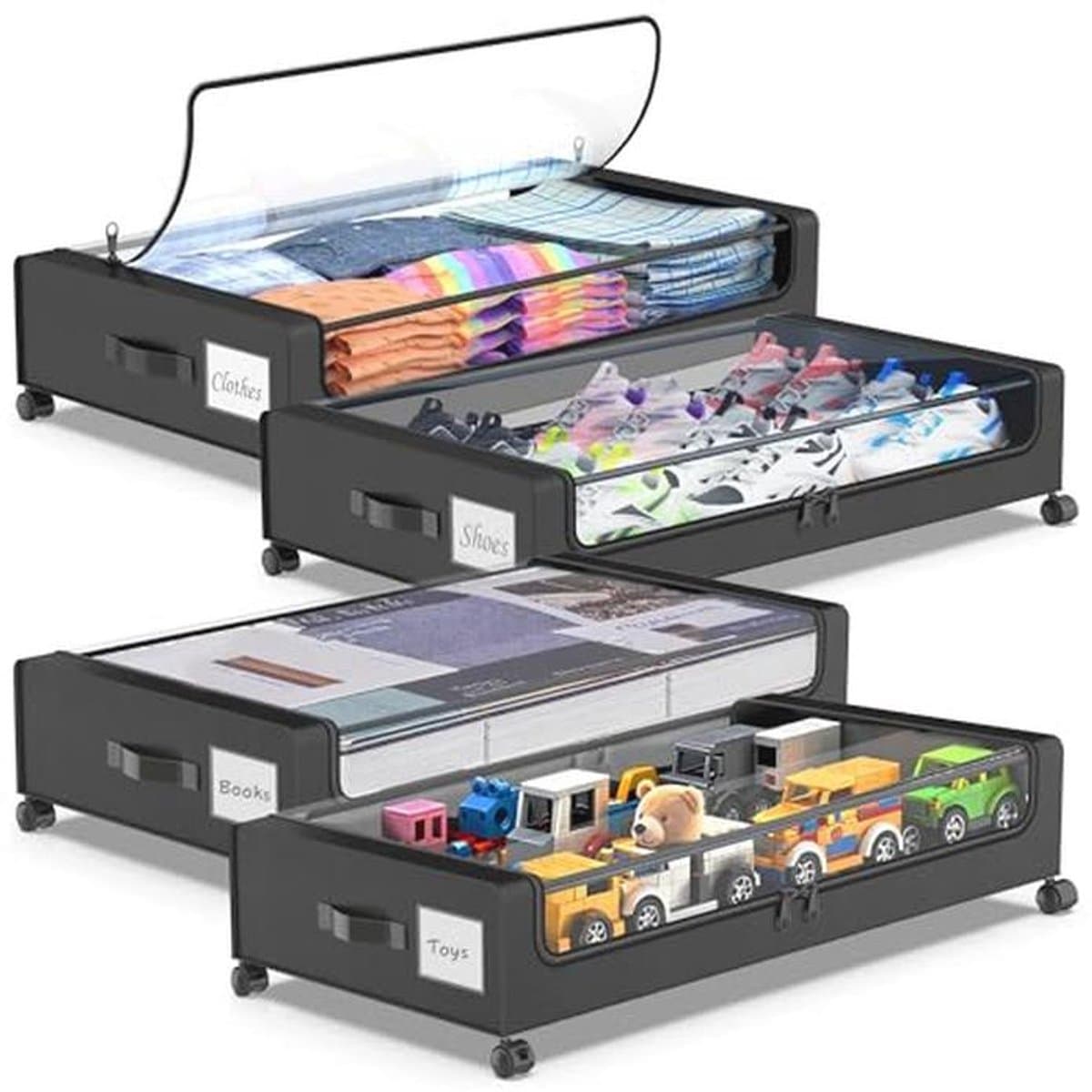 Opbergcontainers voor onder het bed met wielen - 4-pack XXL 60L doorzichtige deksels