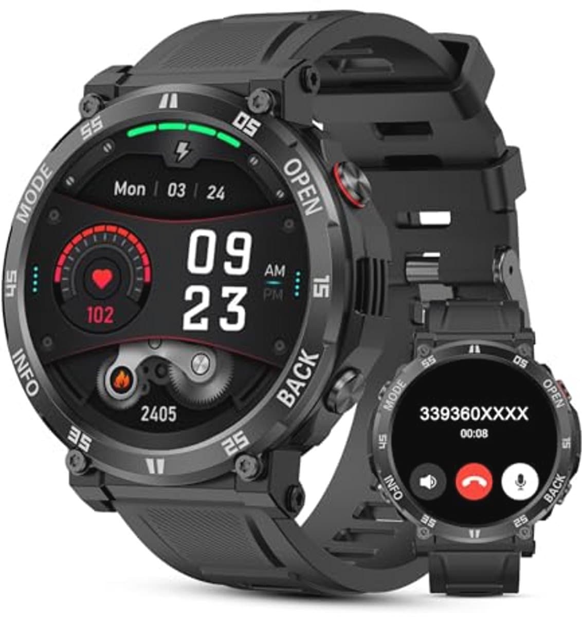 Robuuste Militaire Smartwatch voor Heren - 1,52 Inch Outdoor Fitnesshorloge met Hartslag-, Slaap- en Bloeddrukmonitor - Geschikt voor Android en iOS