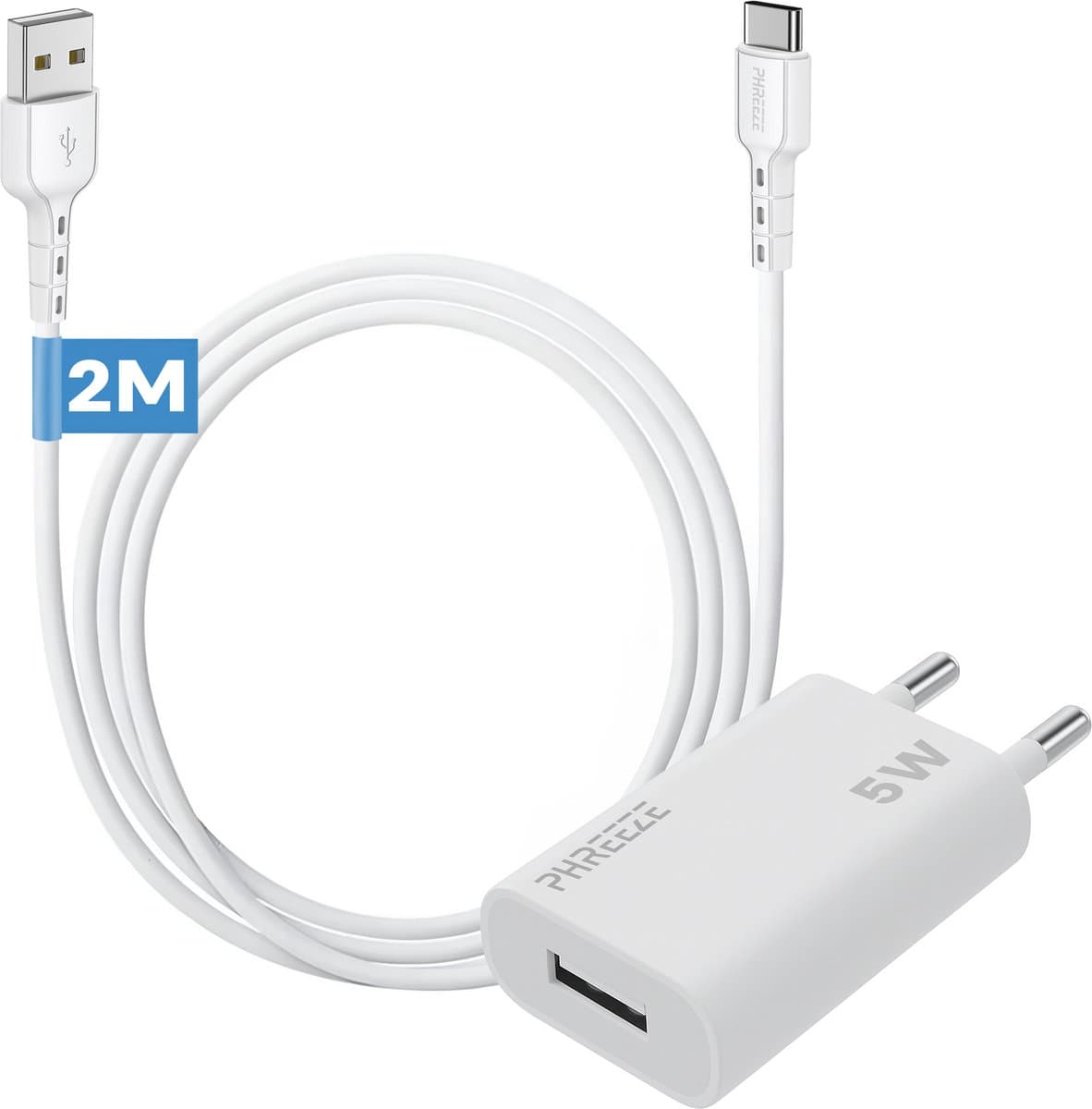 Phreeze usb adapter 5w - Usb a naar usb c kabel 1 meter - Usb oplader voor telefoon en tablet