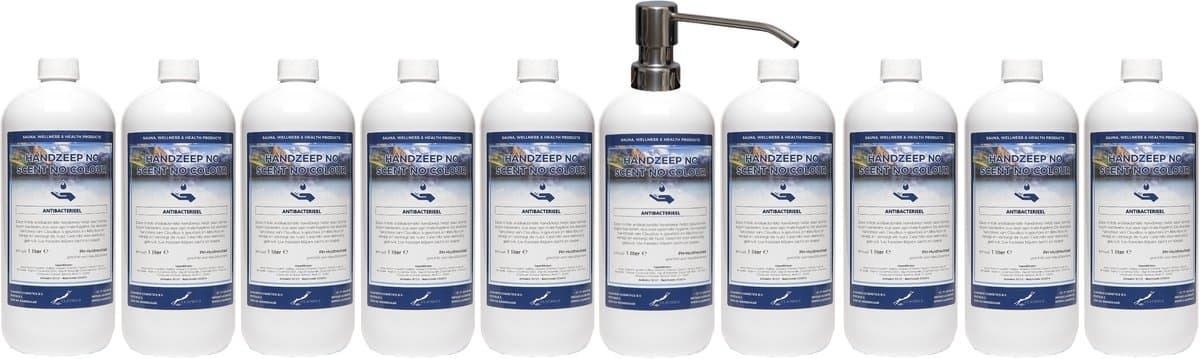 Handzeep No Scent No Colour 1 liter - set van 10 stuks - met gratis RVS zilverkleurige pomp - Voordeelverpakking