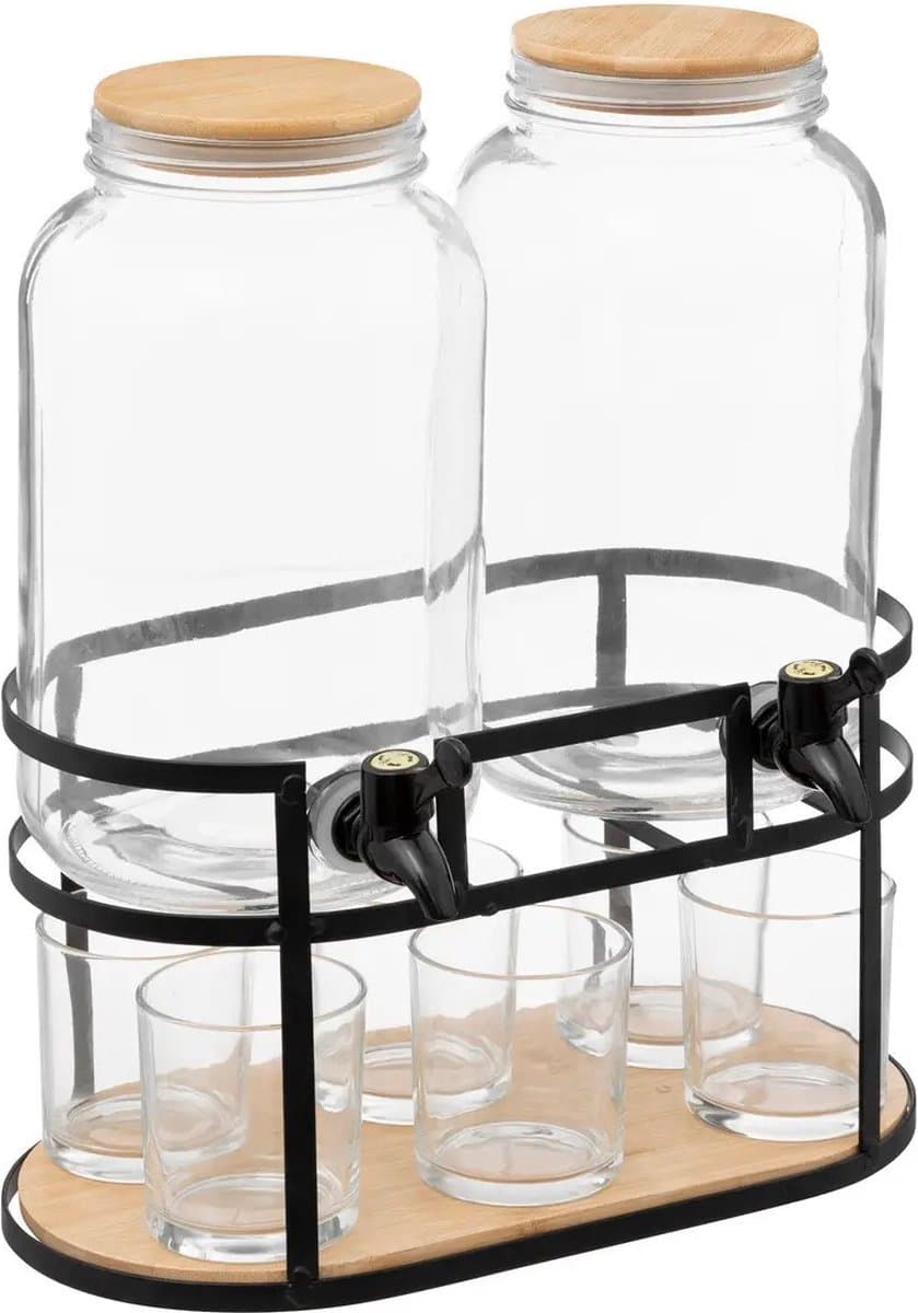 Secret de Gourmet Glazen Drinkdispenser Set - 3,3 L, Transparant, 2 Dispensers met 6 Glazen